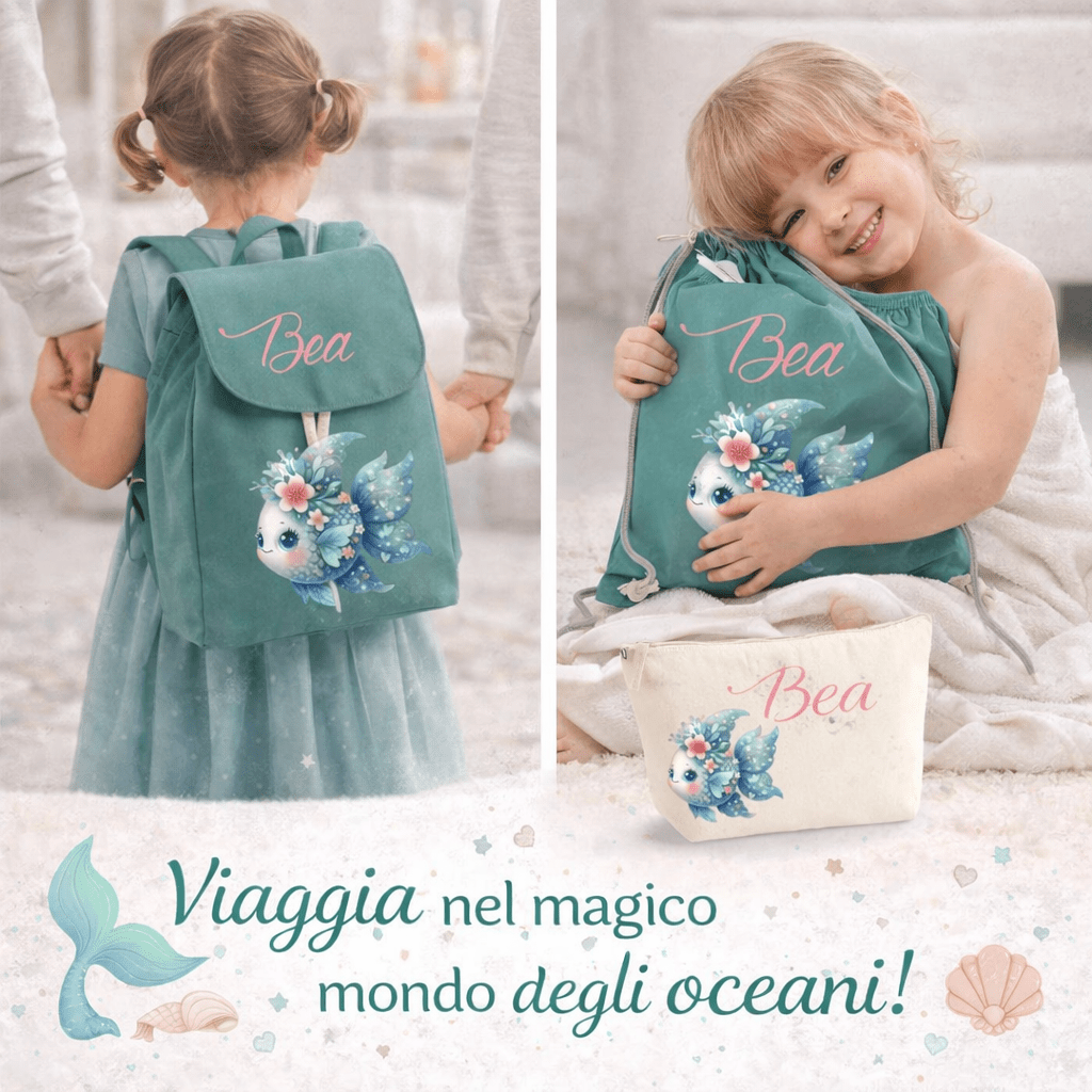 SUPER Set Asilo Completo Personalizzato – Mini Zaino, Sacchetto Beauty Bambino Pesciolina Azzurra