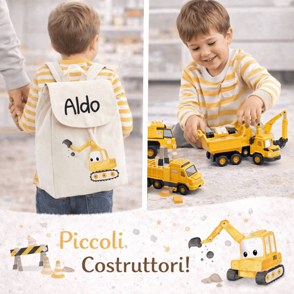 Zaino Asilo Bambino Personalizzato – Mini Zainetto con Nome Escavatore