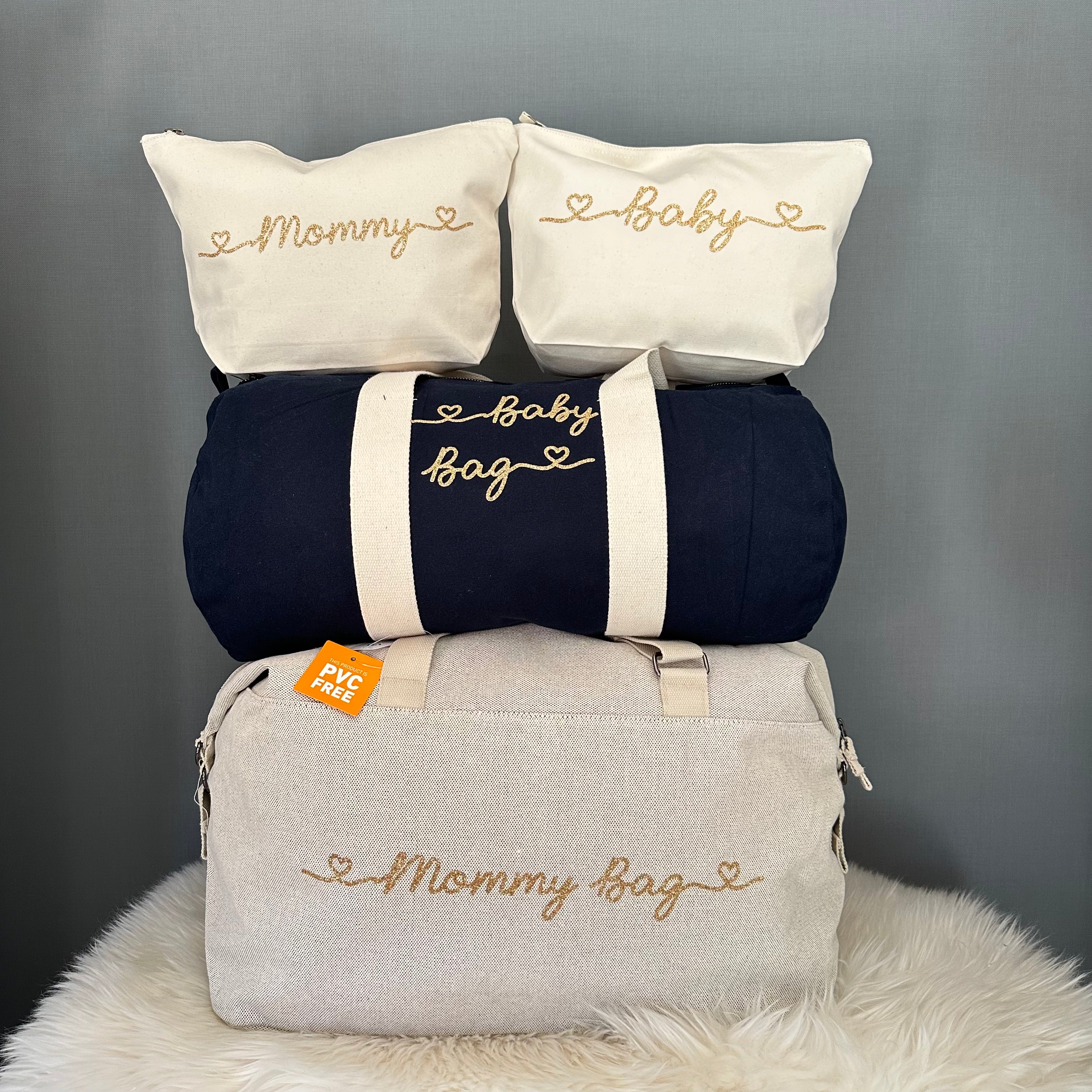 Borsone mamma, 1 borsone baby Blu e 2 Pochette con cuoricini Oro Glitter - Be Brave Boutique