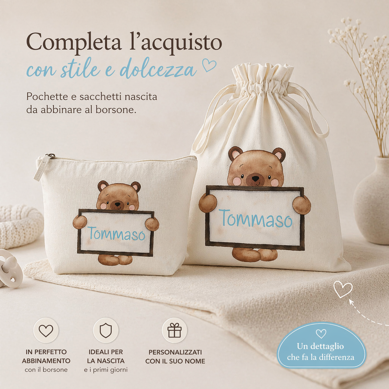 Sacchetto Nascita Neonato Personalizzato – Ideale per Cambio, Ospedale e Asilo Orsetto Lavagna