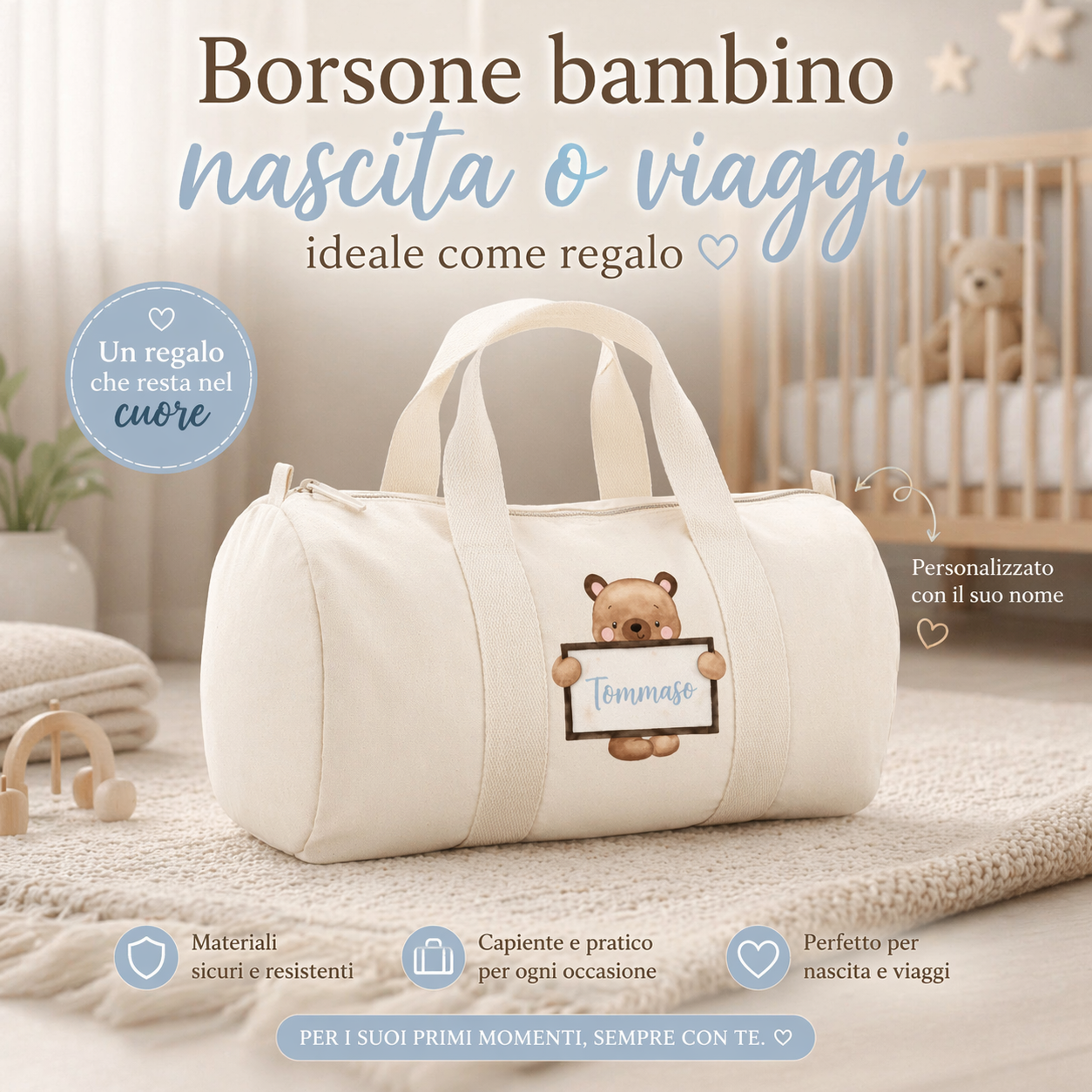 Borsone Nascita Personalizzato in Cotone Orsetto Lavagna
