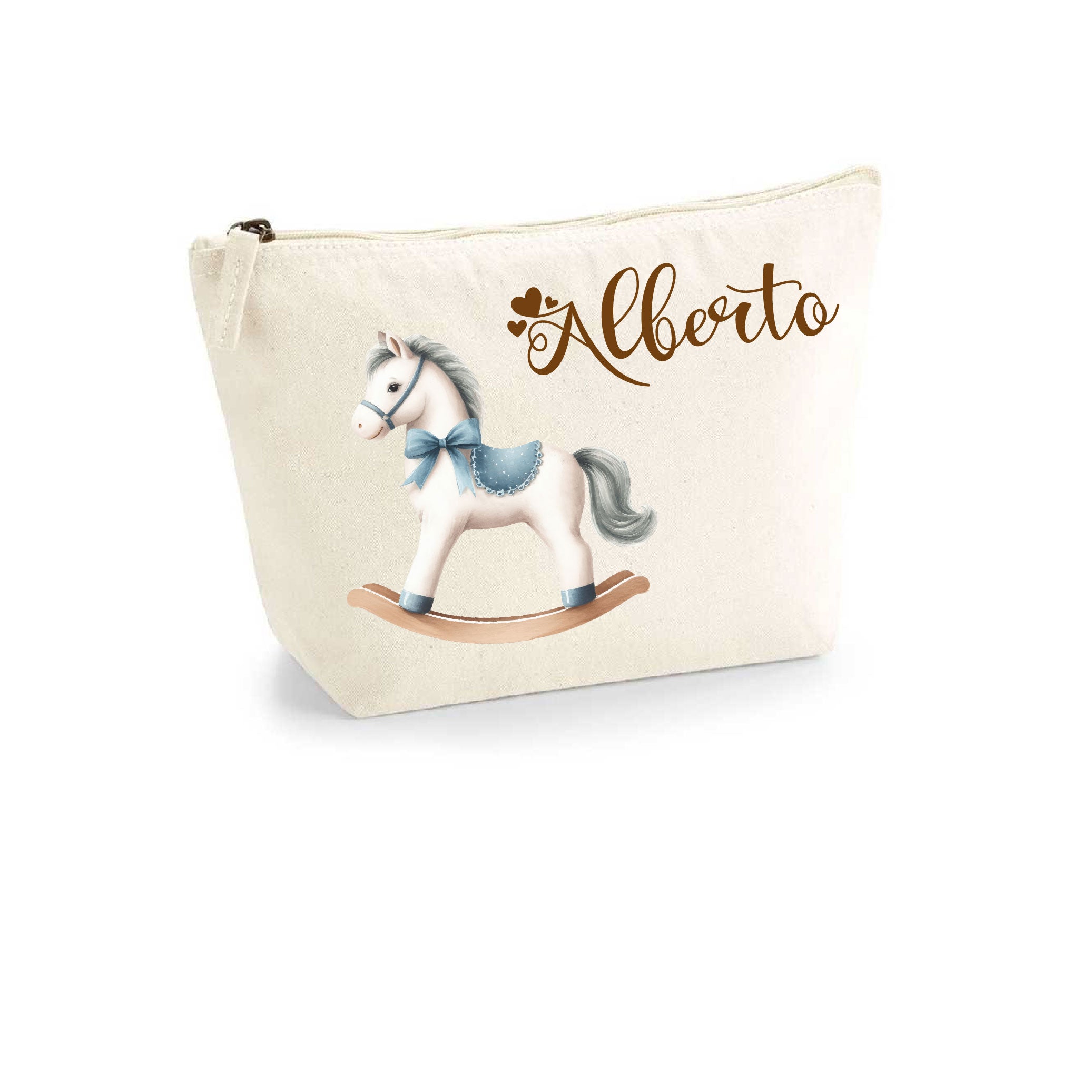 Pochette in cotone organico personalizzabile Cavallino a dondolo Azzurro - Be Brave Boutique