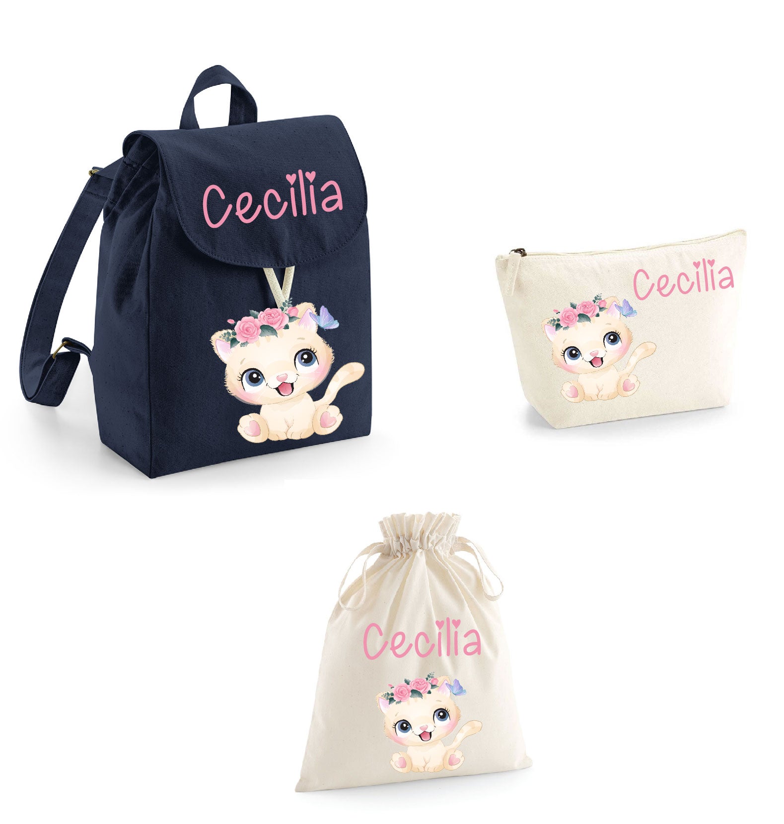 Set asilo Mini Zaino, Sacchetto cambi e beauty Gattina - Be Brave Boutique