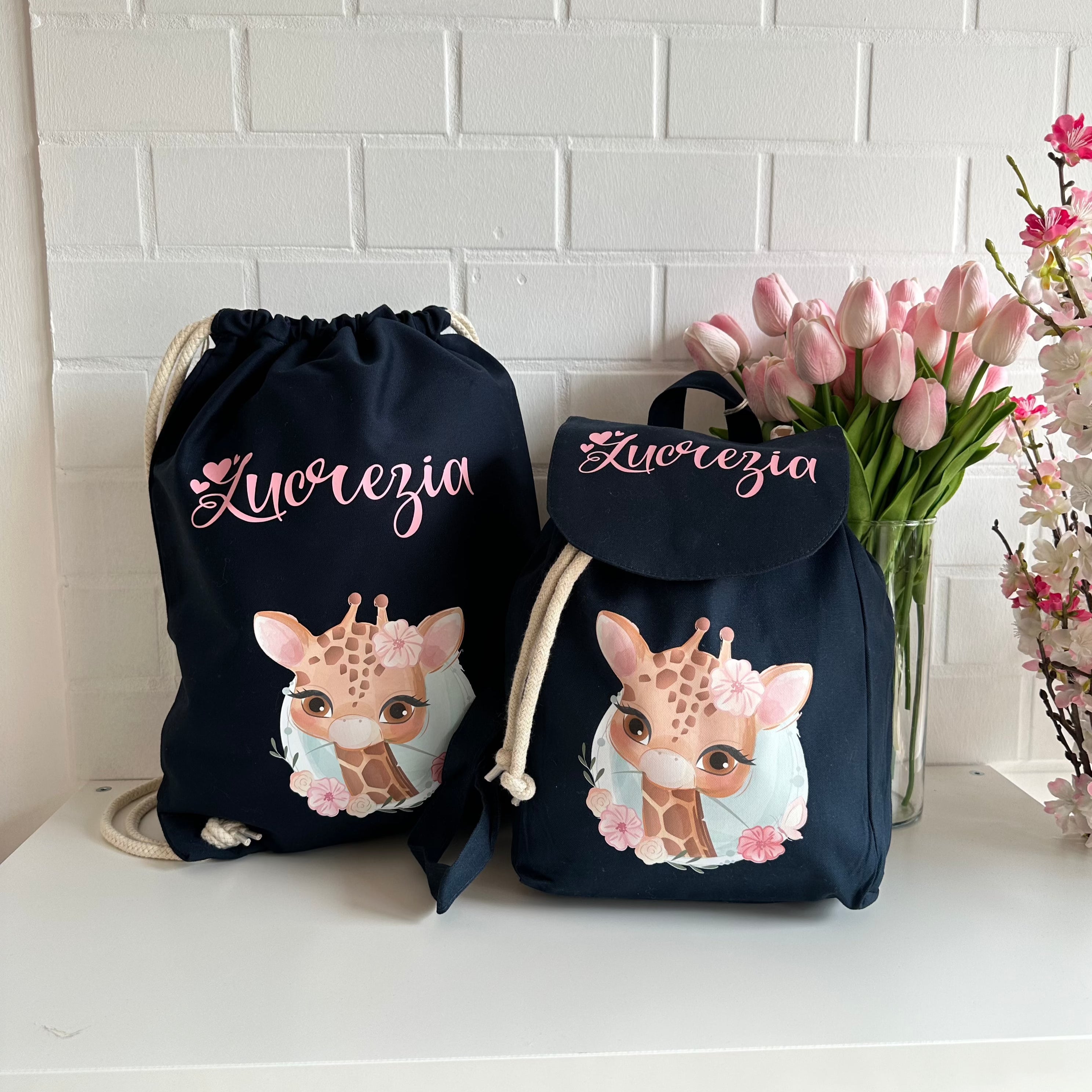 Mini Zaino in cotone e Sacca personalizzabile Giraffa - Be Brave Boutique