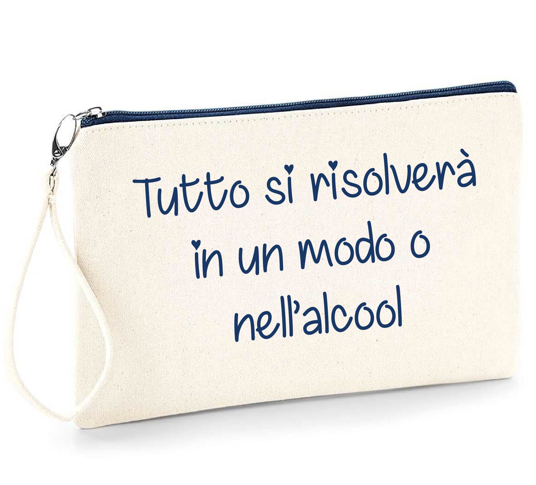 Pochette in cotone beige zip navy Frase divertente idea regalo “Tutto si Risolverà”