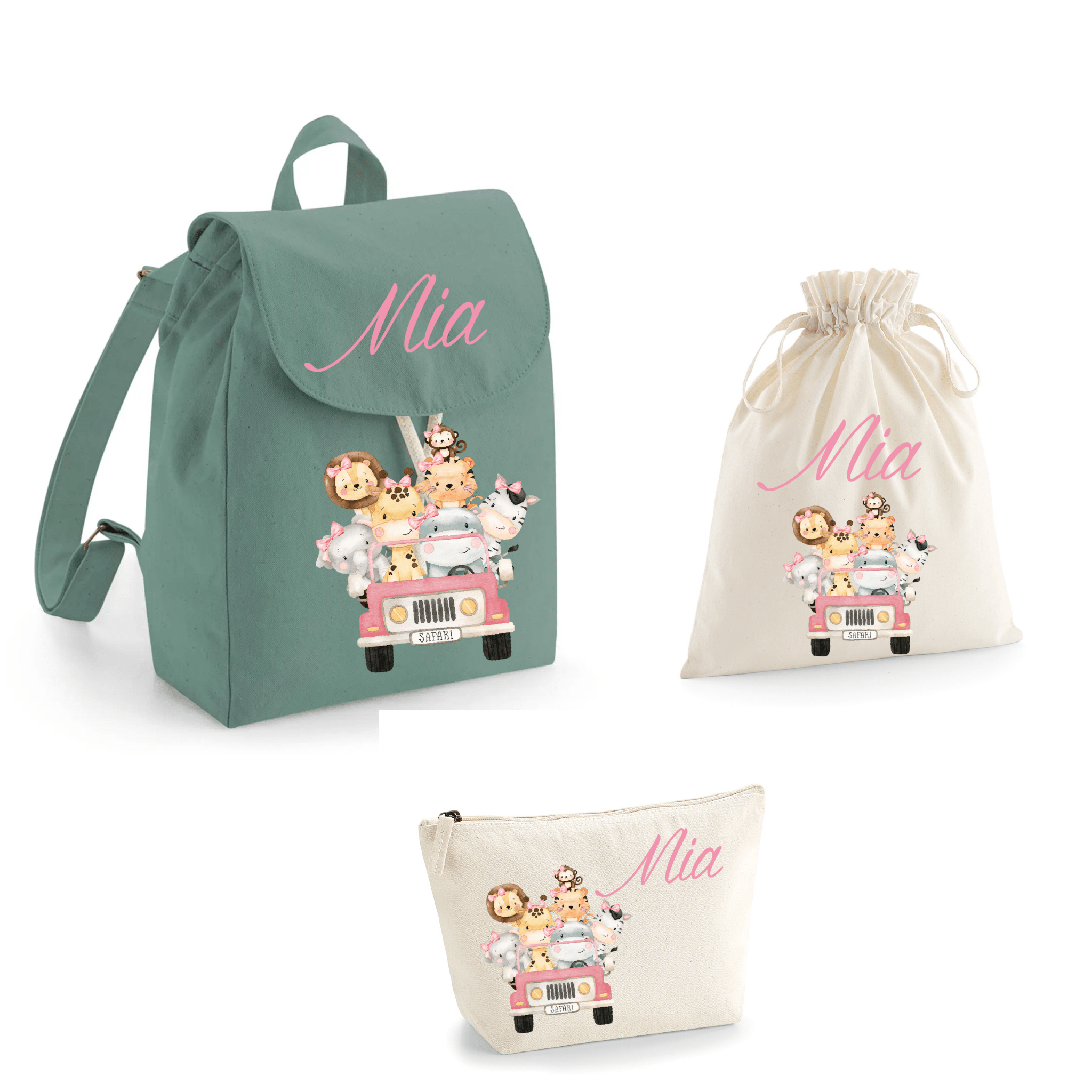 Set asilo Mini Zaino, Sacchetto cambi e beauty Safari Rosa - Be Brave Boutique