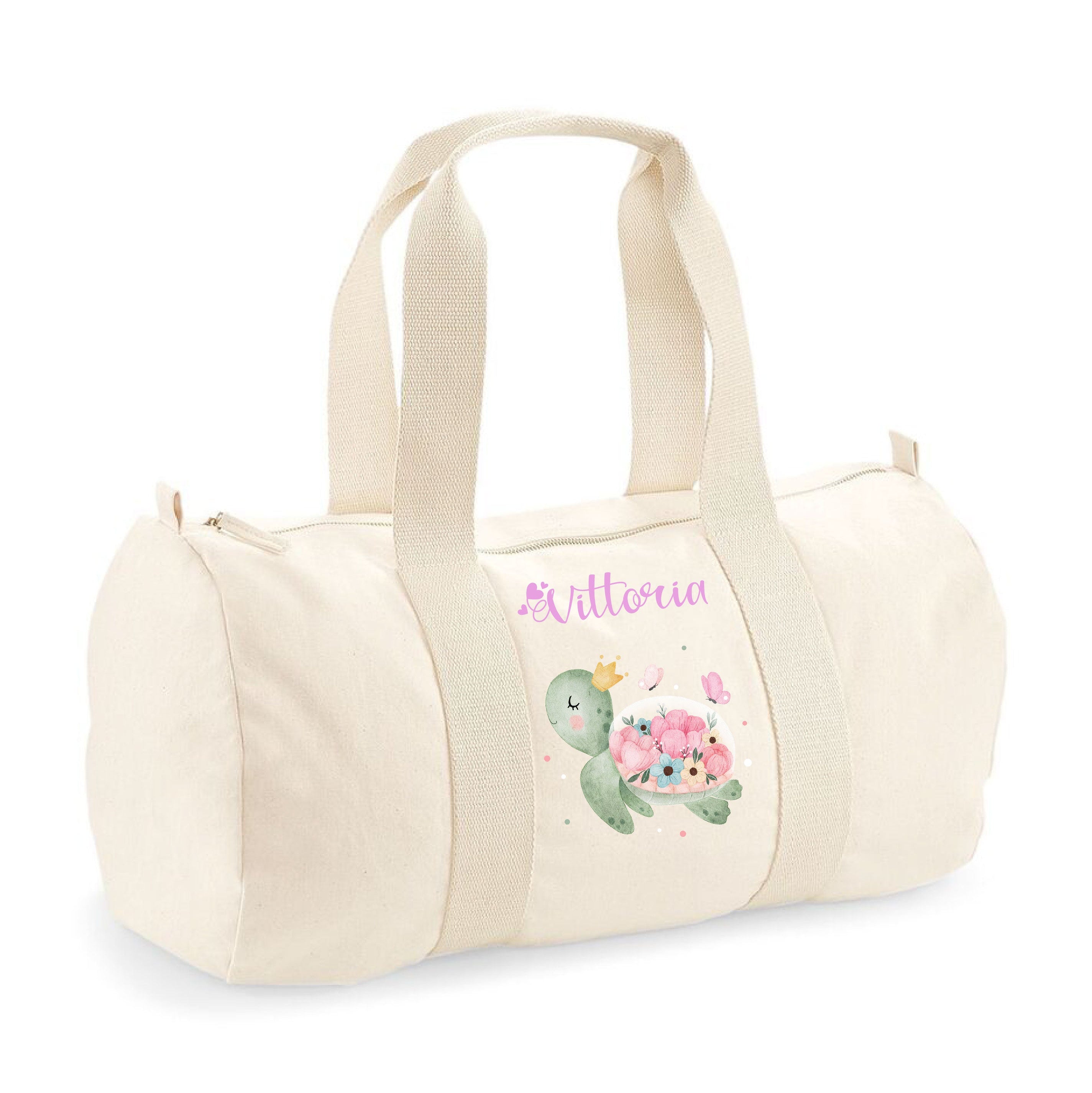 Borsone in cotone canvas personalizzato Tartaruga Fiori - Be Brave Boutique