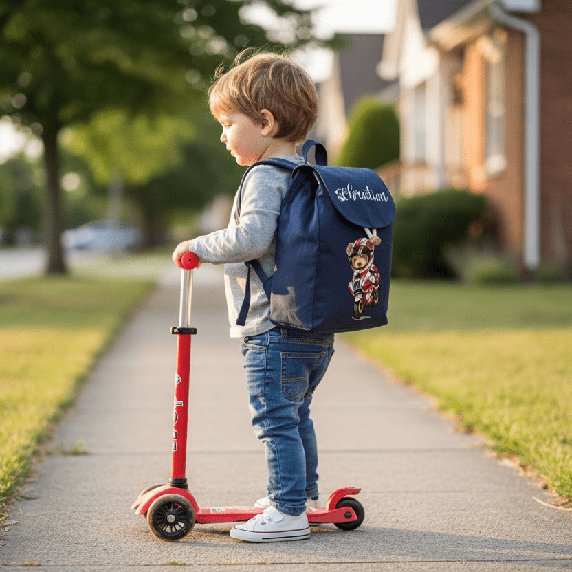 Set Asilo Completo Personalizzato – Mini Zaino, Sacchetto e Beauty Bambino Orsetto in Moto