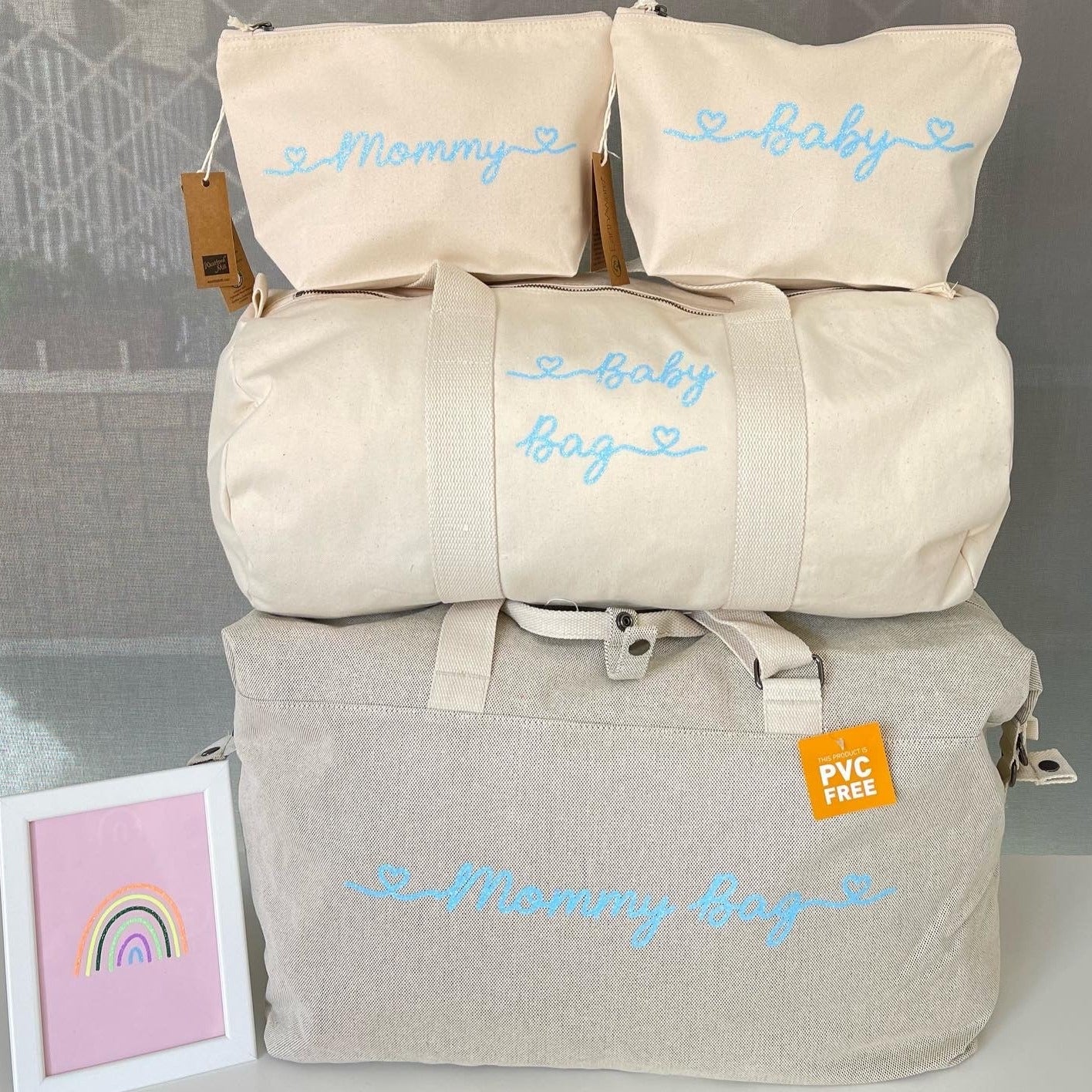 Borsone mamma, 1 borsone baby e 2 Pochette con cuoricini - Be Brave Boutique