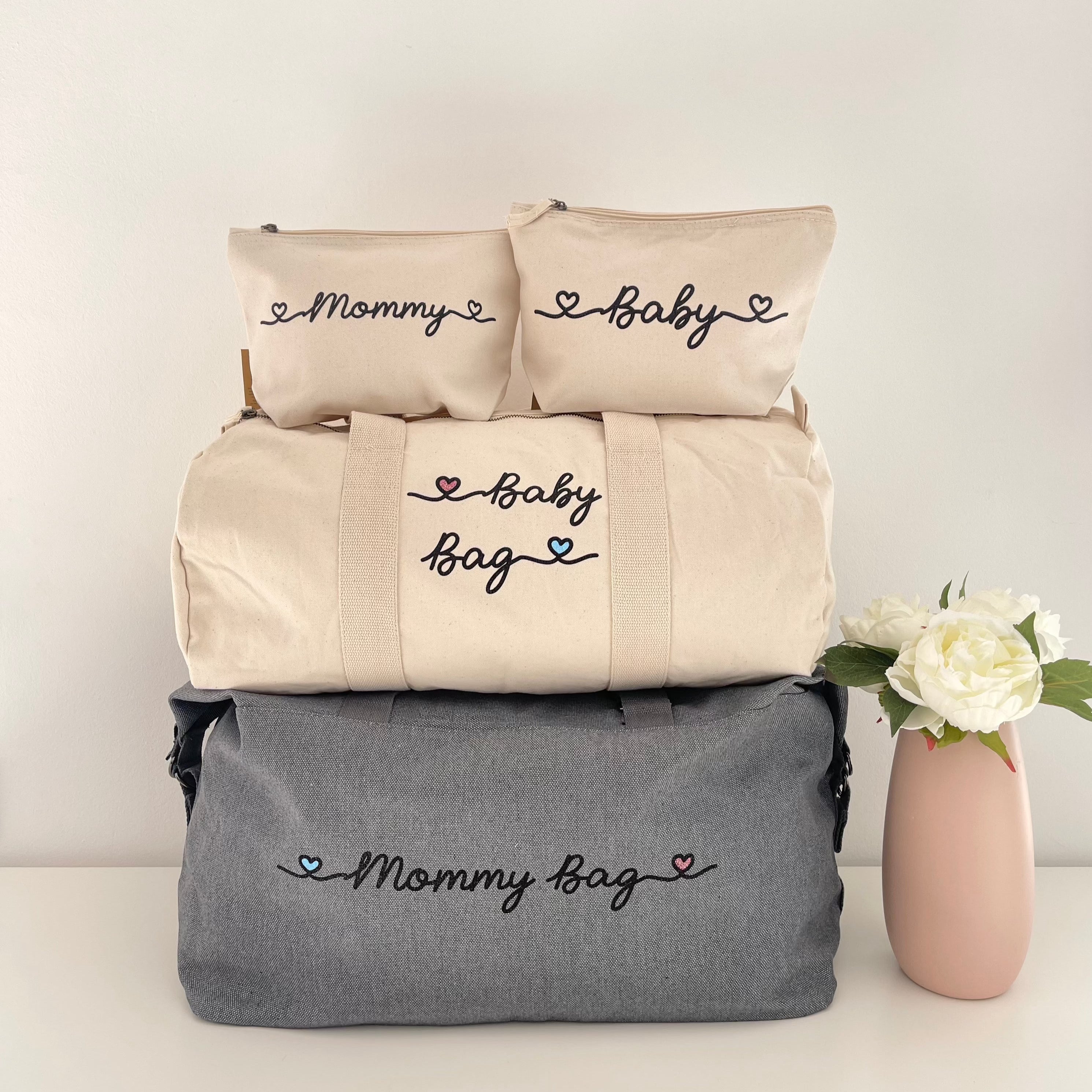 Borsone Mamma grigio , 1 borsone Baby Grey e 2 Pochette con cuoricini Rosa/Azzurro - Be Brave Boutique