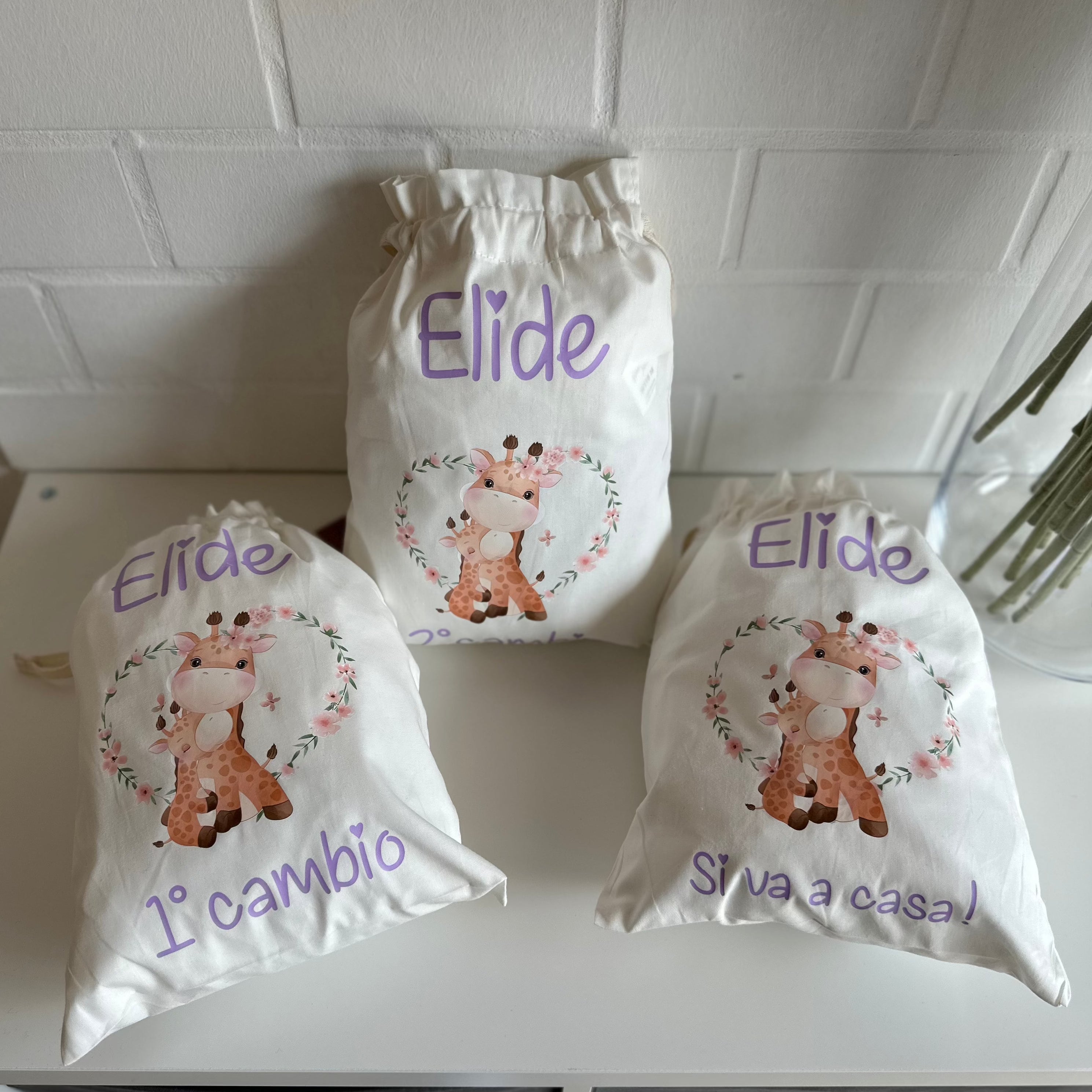 Set da 3 Sacchetti primi cambi personalizzabili Giraffine - Be Brave Boutique