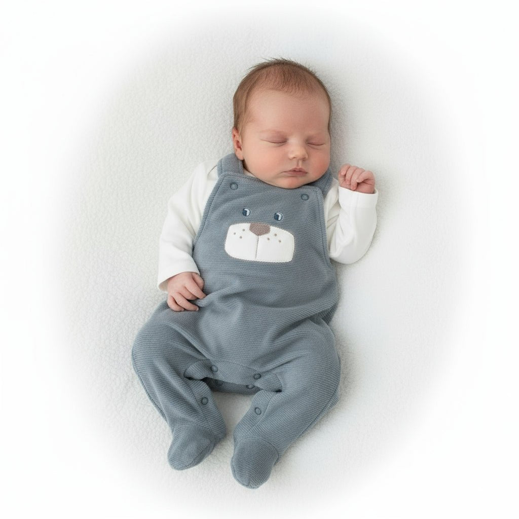 Completo Neonato Salopette Orsetto in Ciniglia Azzurra con Maglia Bianca