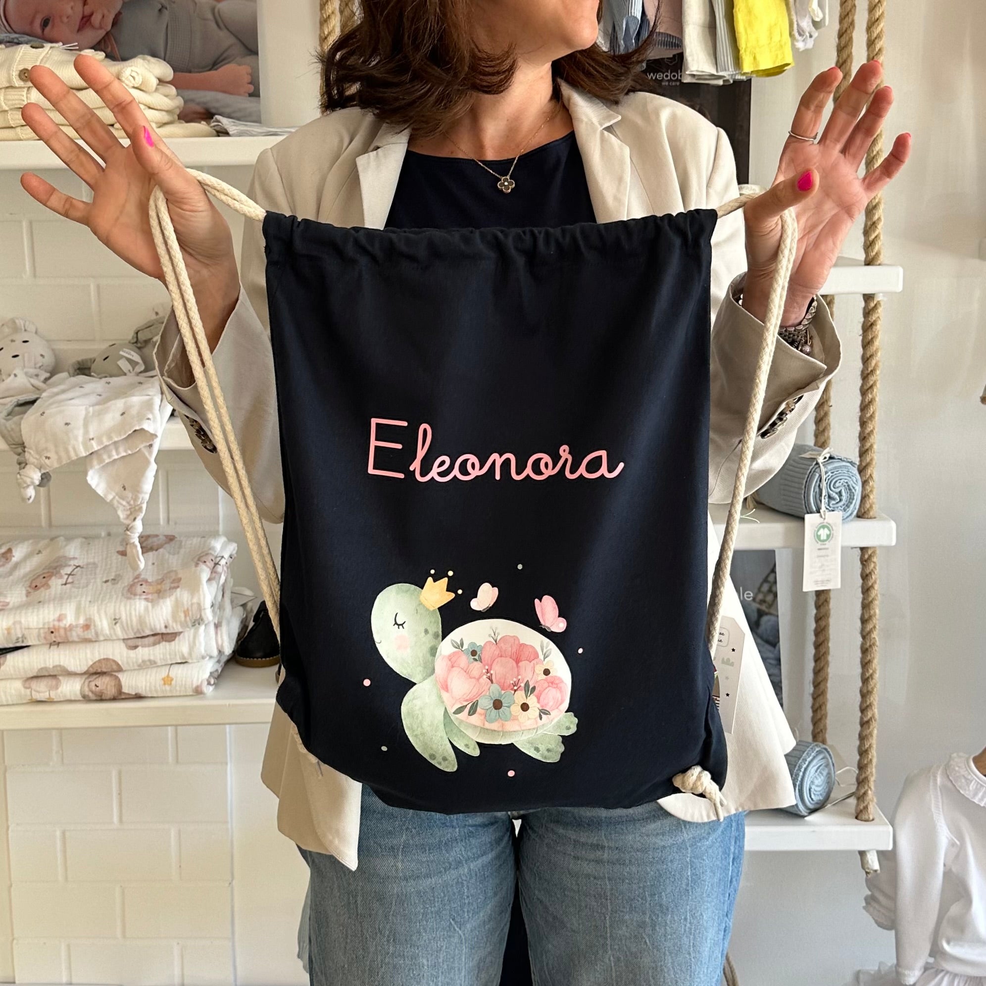 Zaino a sacca in cotone pesante Tartaruga Fiori - Be Brave Boutique