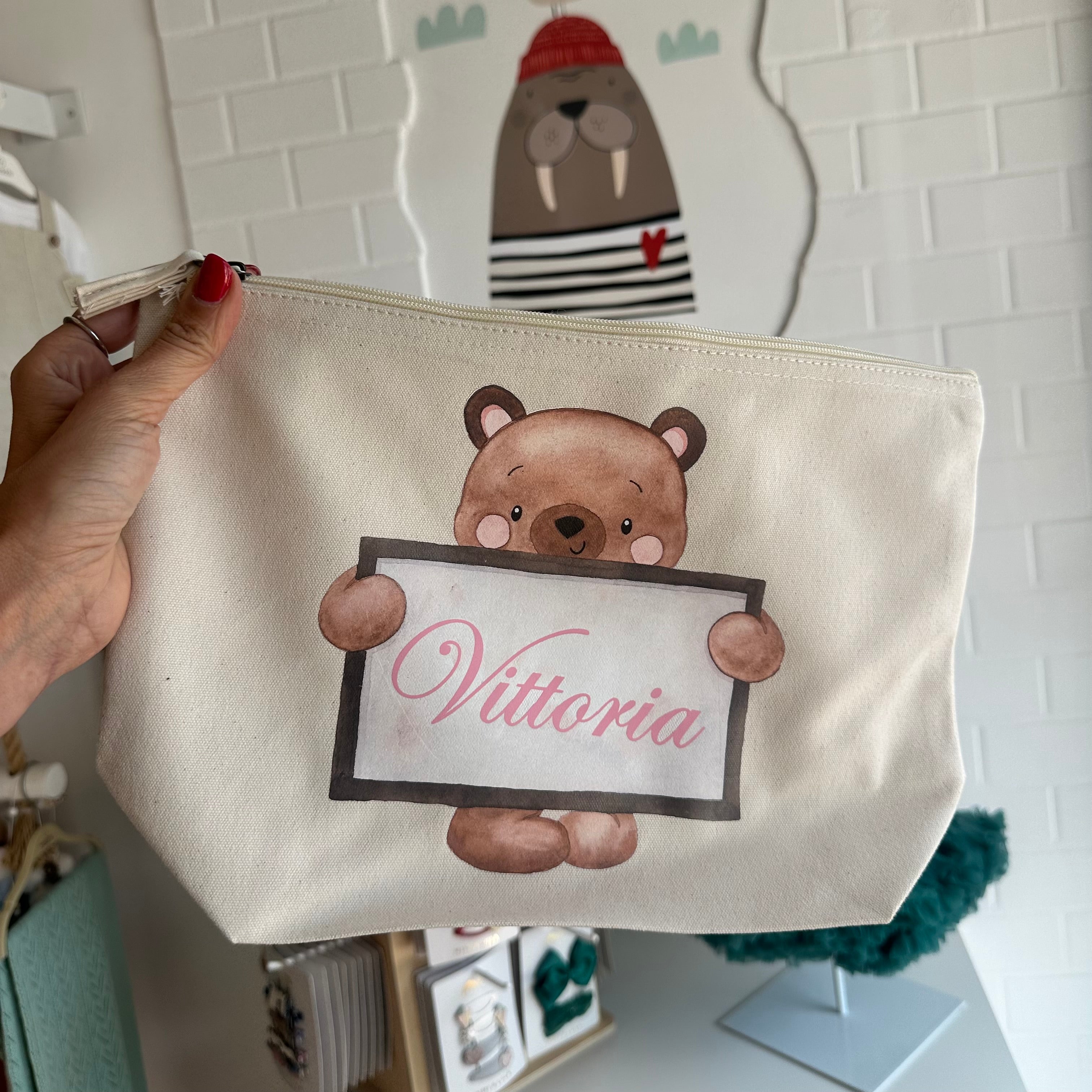 Pochette in cotone organico personalizzabile Orsetto Lavagna - Be Brave Boutique