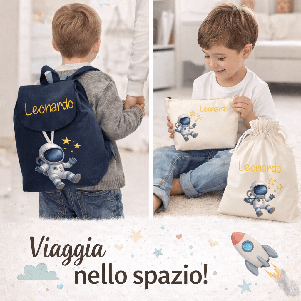 Set Asilo Completo Personalizzato – Mini Zaino, Sacchetto e Beauty Bambino Astronauta
