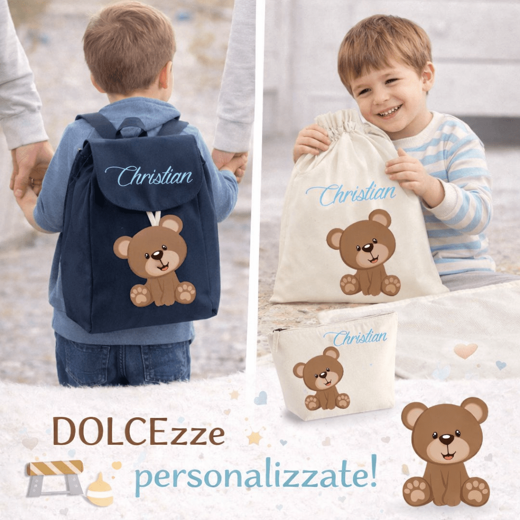 Set Asilo Completo Personalizzato – Mini Zaino, Sacchetto e Beauty Bambino  Orsetto