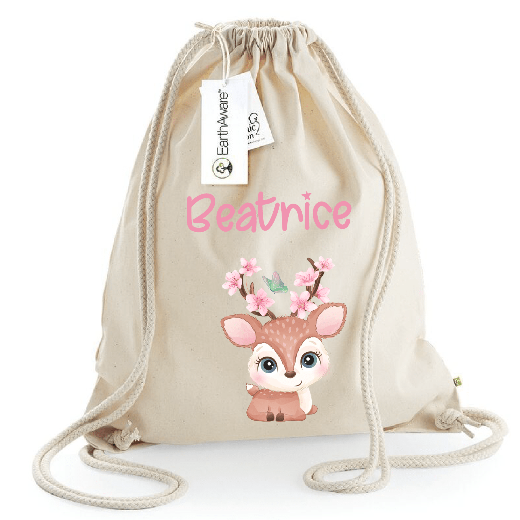 Zaino a sacca in cotone pesante Cerbiatto fiori di pesco - Be Brave Boutique