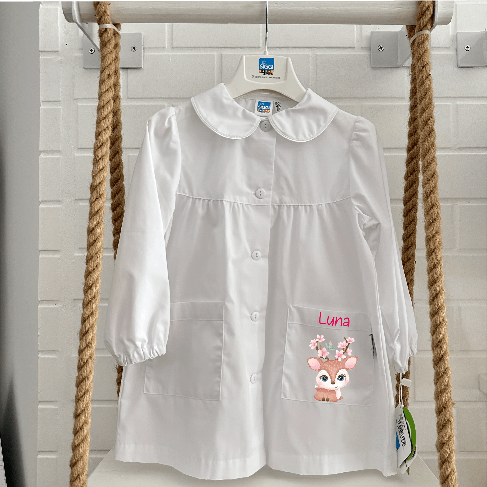 Grembiule Siggi Personalizzabile con nome e Cerbiatta Fiori di pesco - Be Brave Boutique