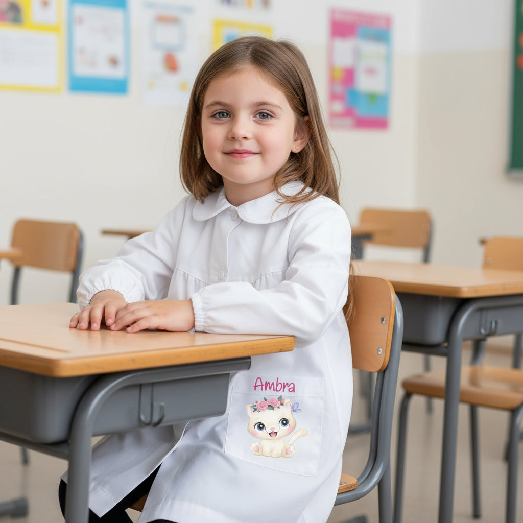 Grembiule Siggi Bimba Personalizzabile con nome e Gattina - Be Brave Boutique