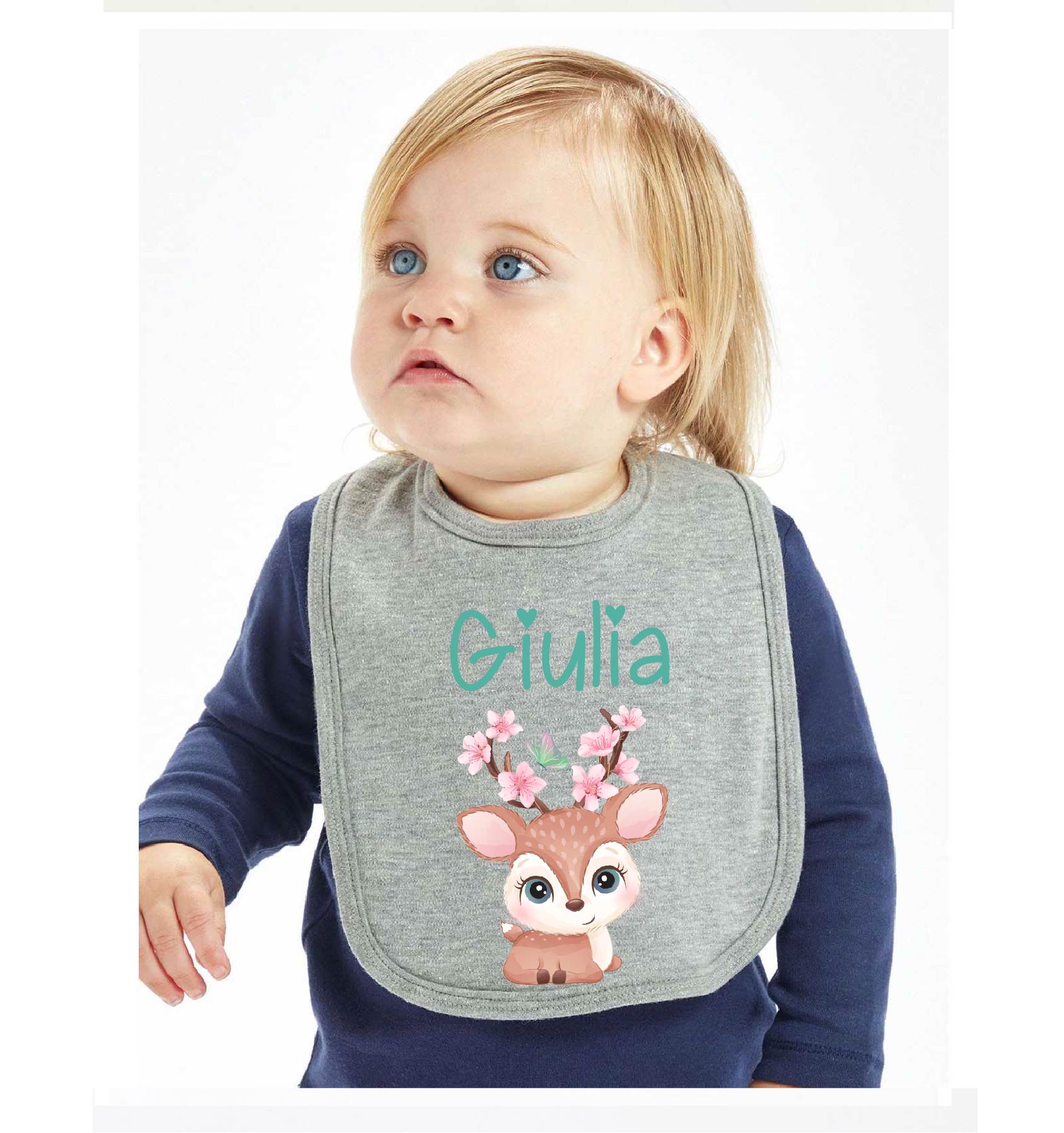 Bavaglino in Cotone organico Cerbiatto fiori di pesco personalizzabile - Be Brave Boutique