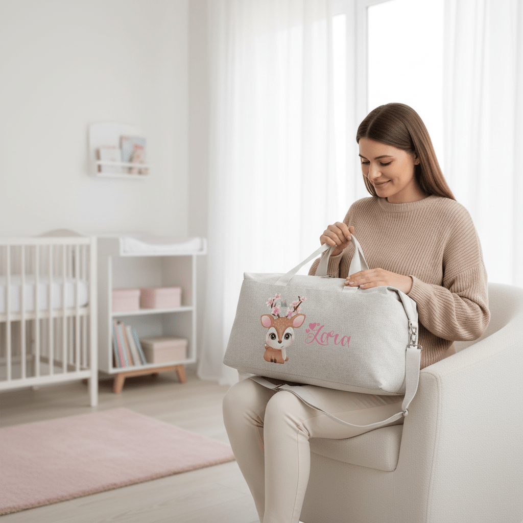 Borsone Mamma per Ospedale e Nascita – Mommy Bag Personalizzabile con Nome Cerbiatto fiori di Pesco