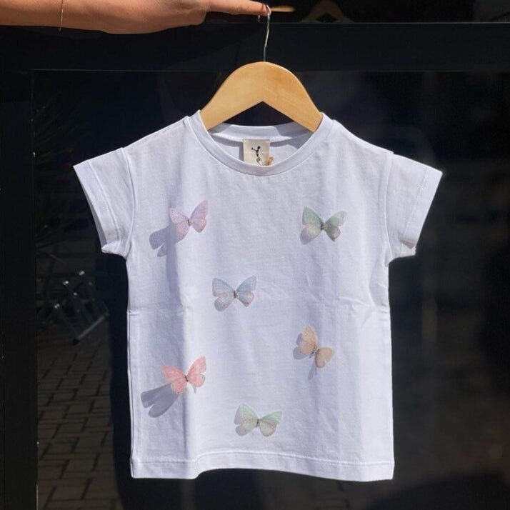 T-shirt in Cotone con Farfalle Colorate