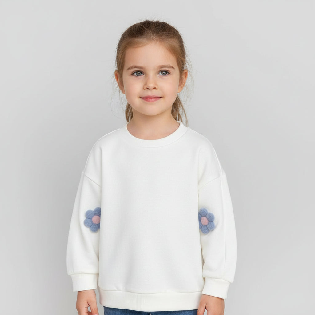 Felpa bianca per bambina con fiori applicati – morbida e casual - Be Brave Boutique