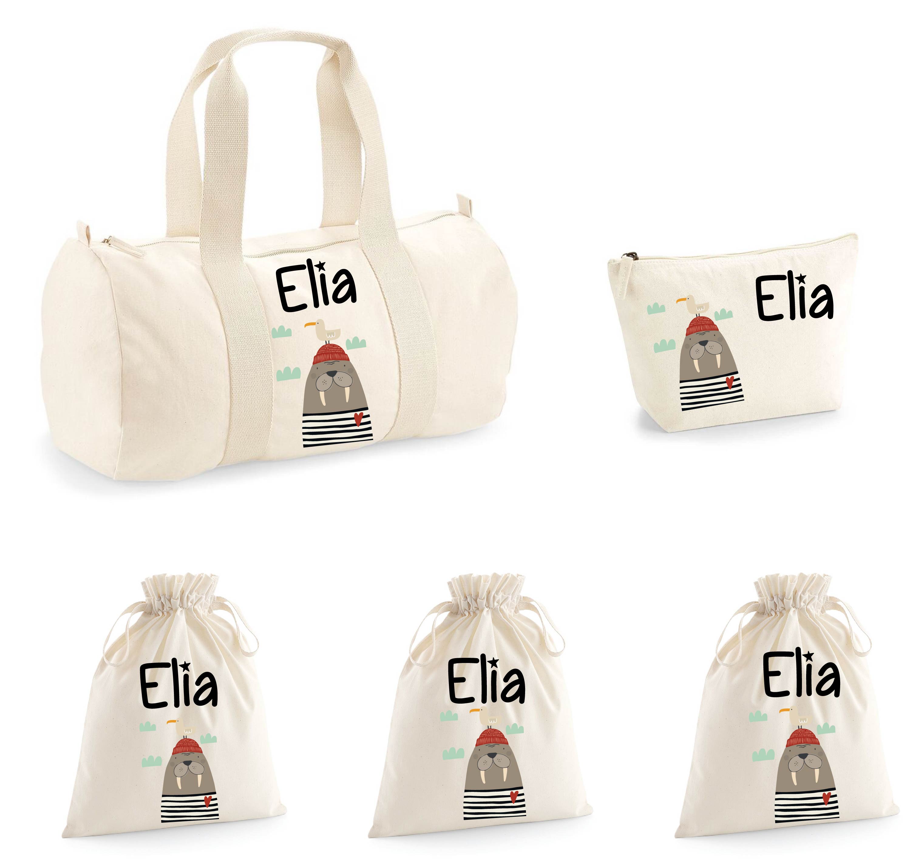 Set Borsone Baby, 1 beauty case e 3 sacchi primi cambi  in cotone canvas Tricheco - Be Brave Boutique
