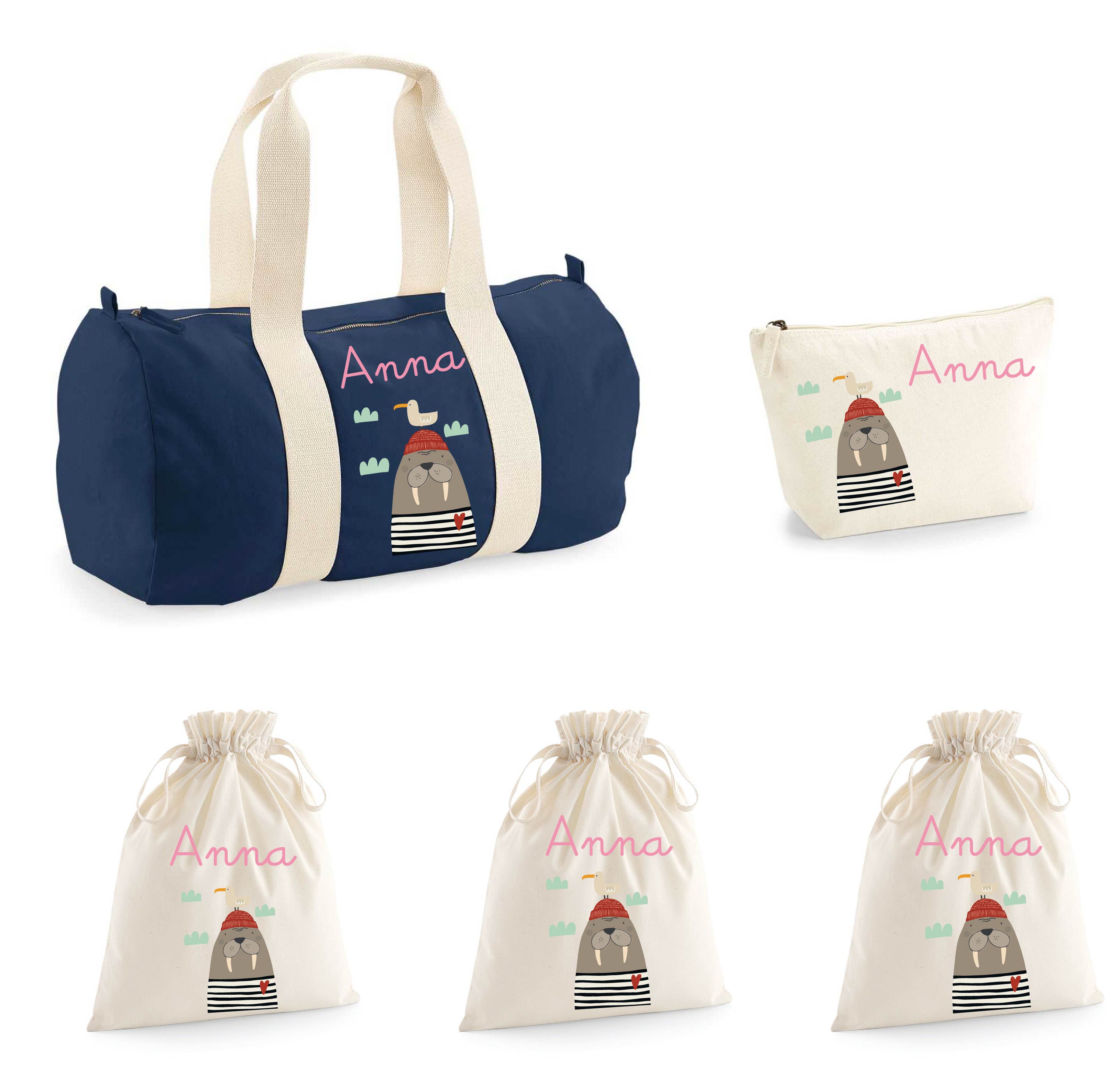Set Borsone Baby, 1 beauty case e 3 sacchi primi cambi  in cotone canvas Tricheco - Be Brave Boutique