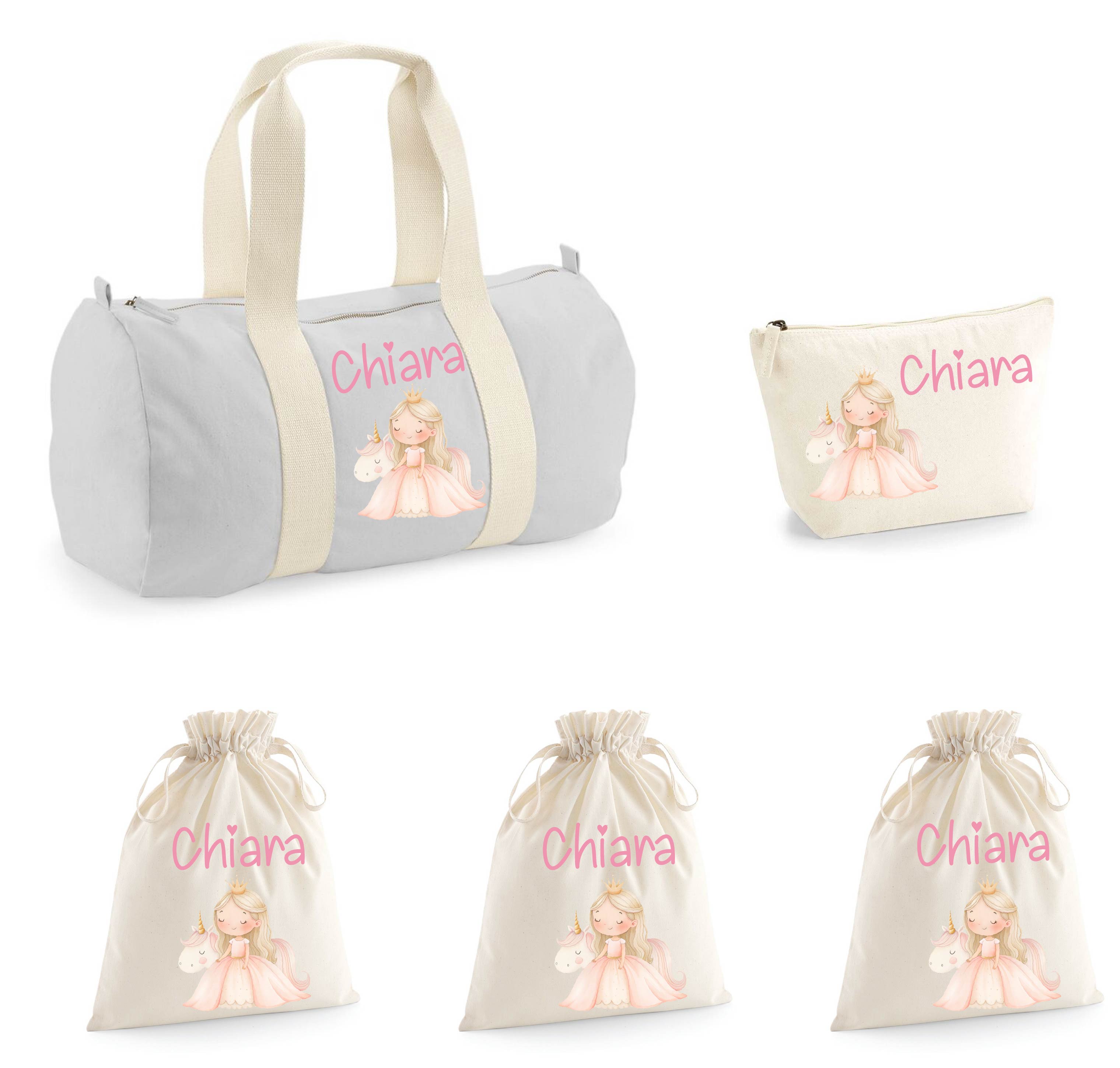 Set Nascita Borsone Baby, 3 sacchi cambi e 1 beauty personalizzati Principessa Unicorno - Be Brave Boutique