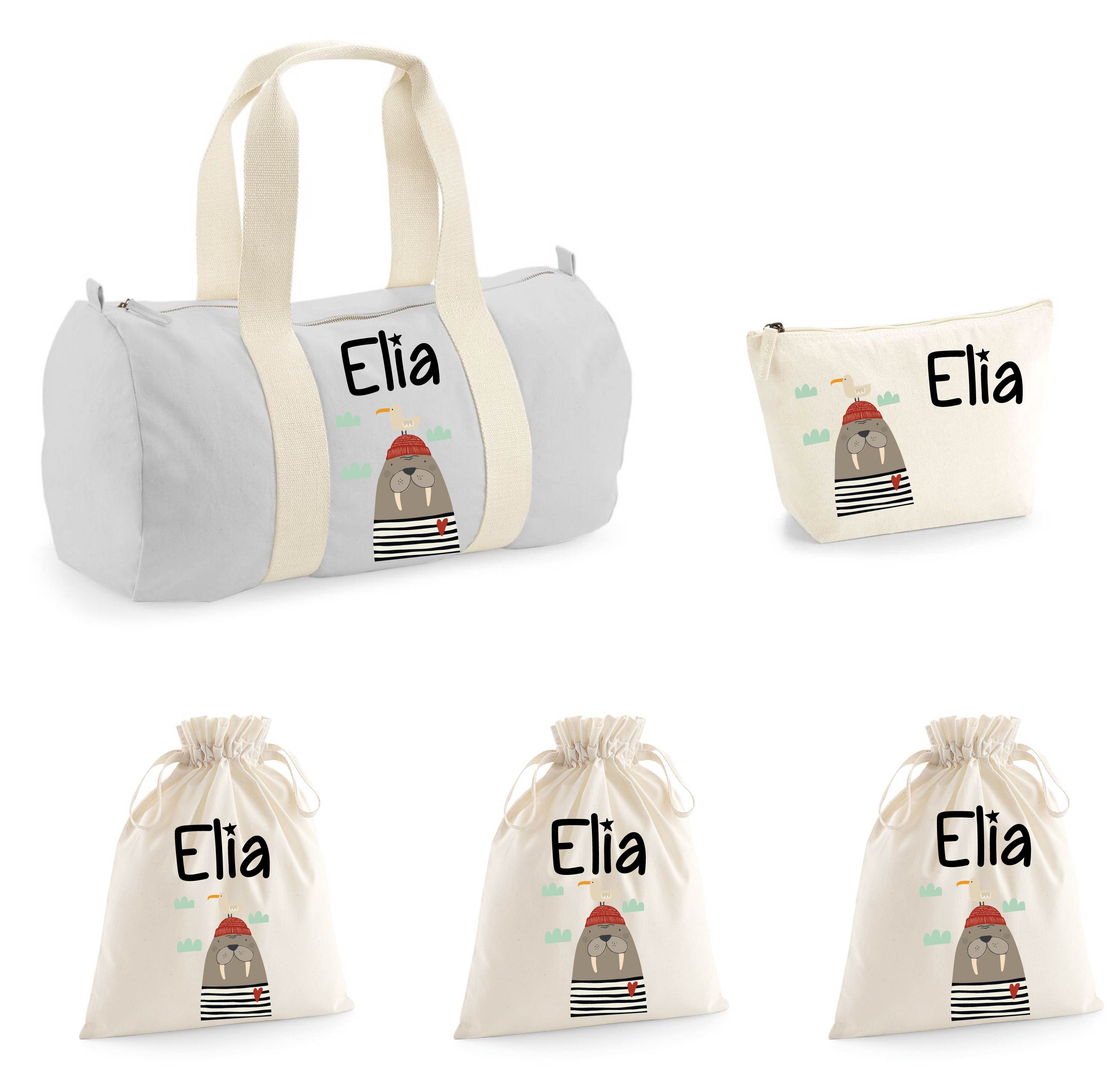 Set Borsone Baby, 1 beauty case e 3 sacchi primi cambi  in cotone canvas Tricheco - Be Brave Boutique