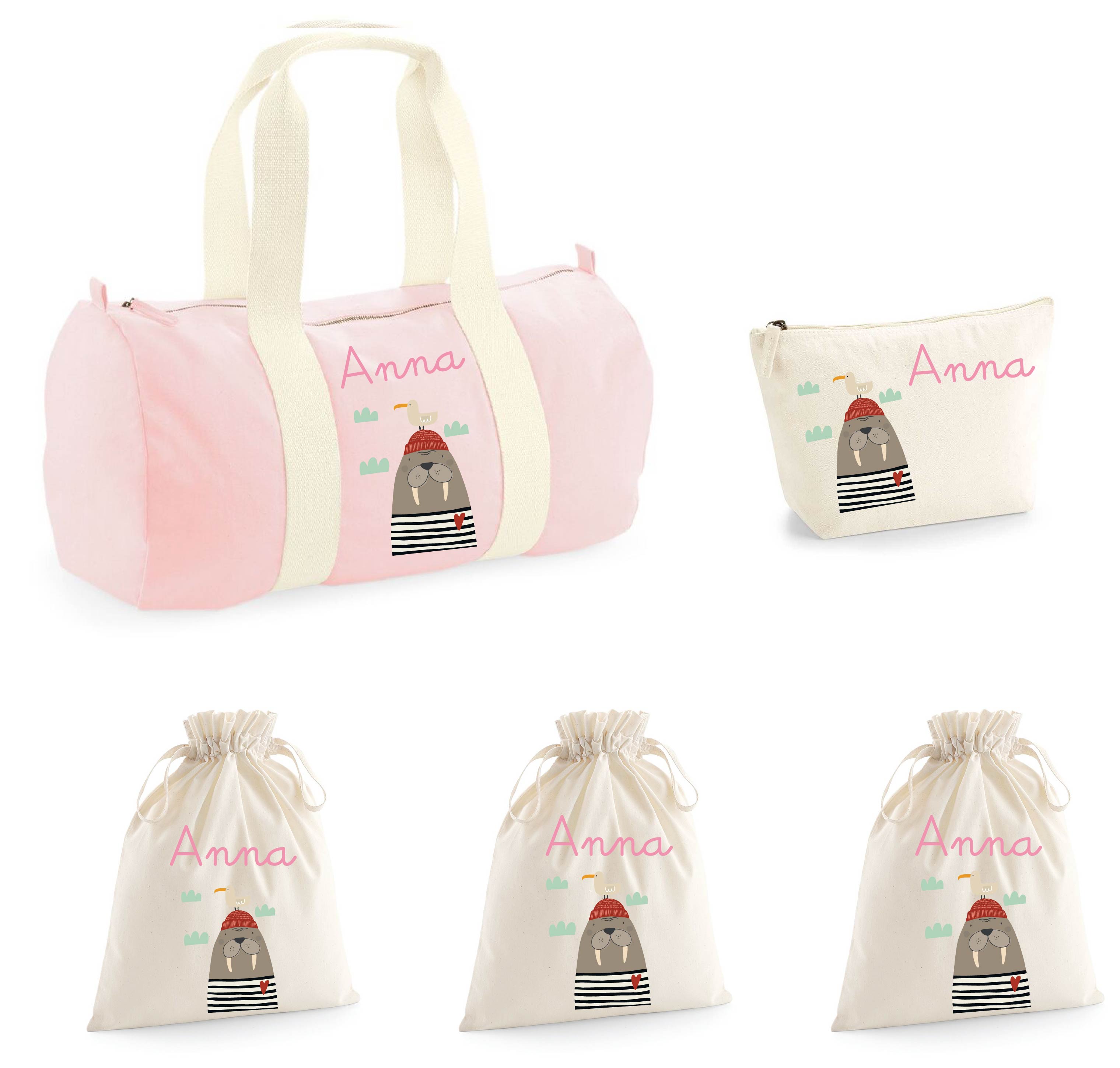 Set Borsone Baby, 1 beauty case e 3 sacchi primi cambi  in cotone canvas Tricheco - Be Brave Boutique