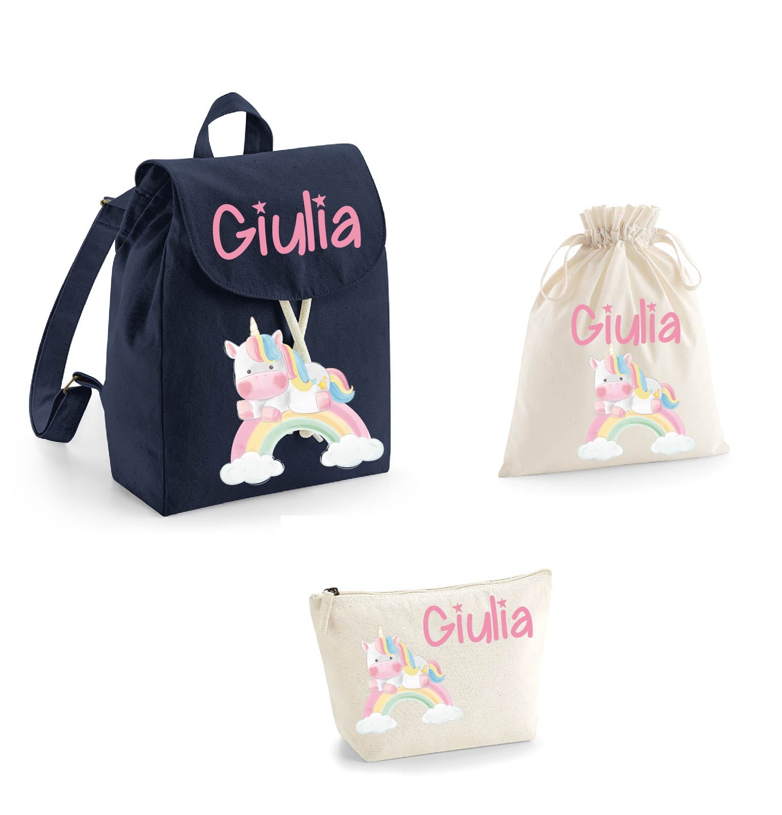 Set asilo Mini Zaino, Sacchetto cambi e beauty Unicorno Arcobaleno - Be Brave Boutique