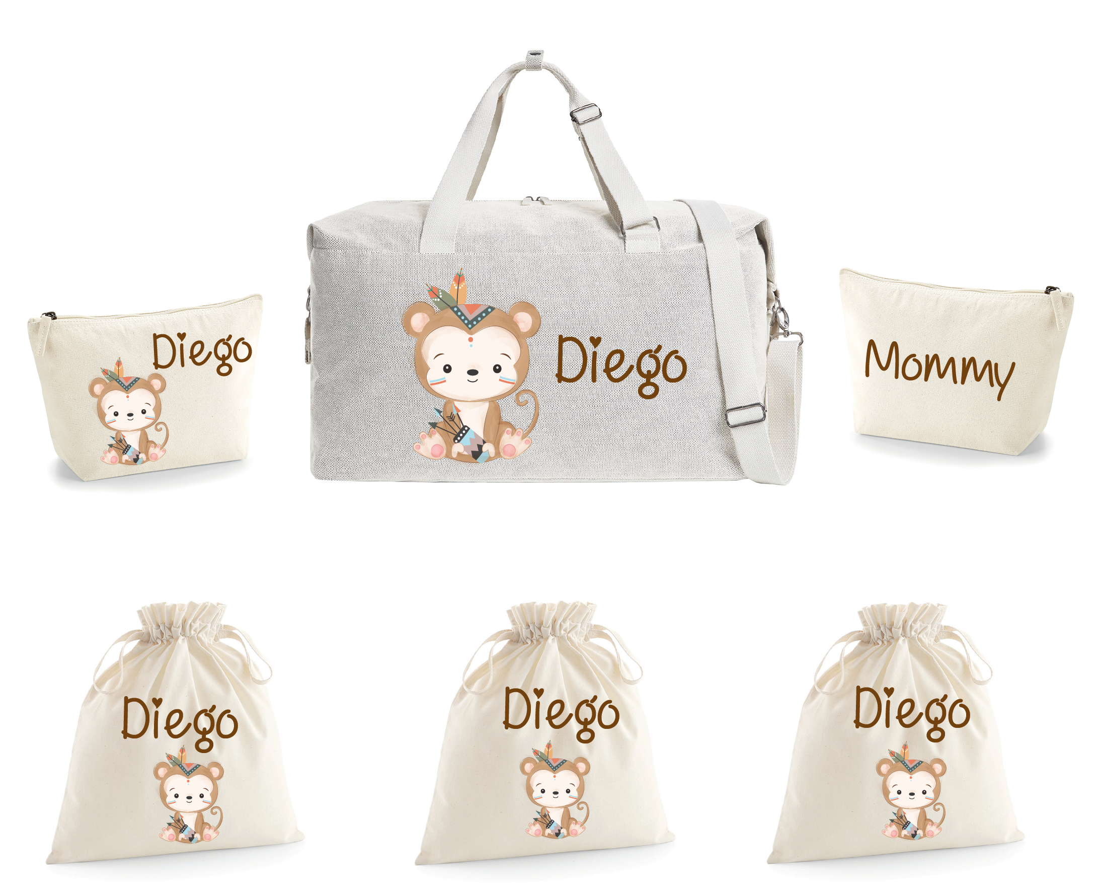 Borsone parto con  2 pochette e 3 sacchi cambi Scimmietta Indiana - Be Brave Boutique