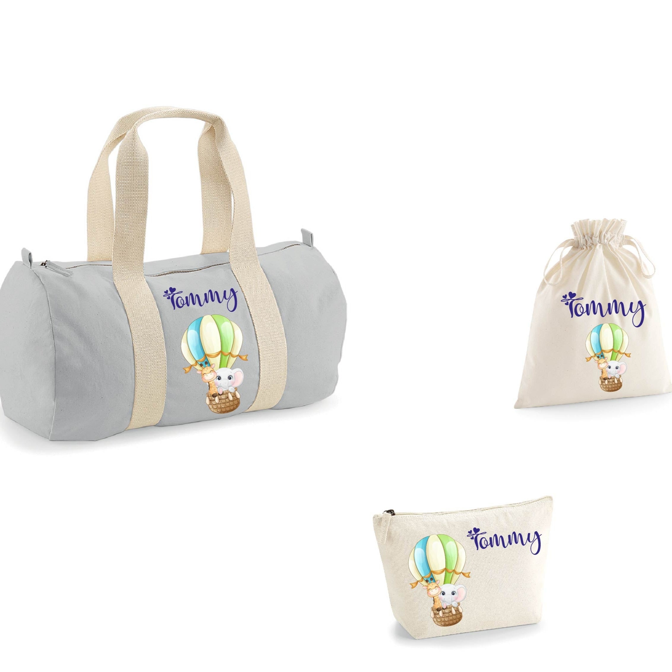 set Borsone, pochette e sacchetto in cotone personalizzato Mongolfiera - Be Brave Boutique