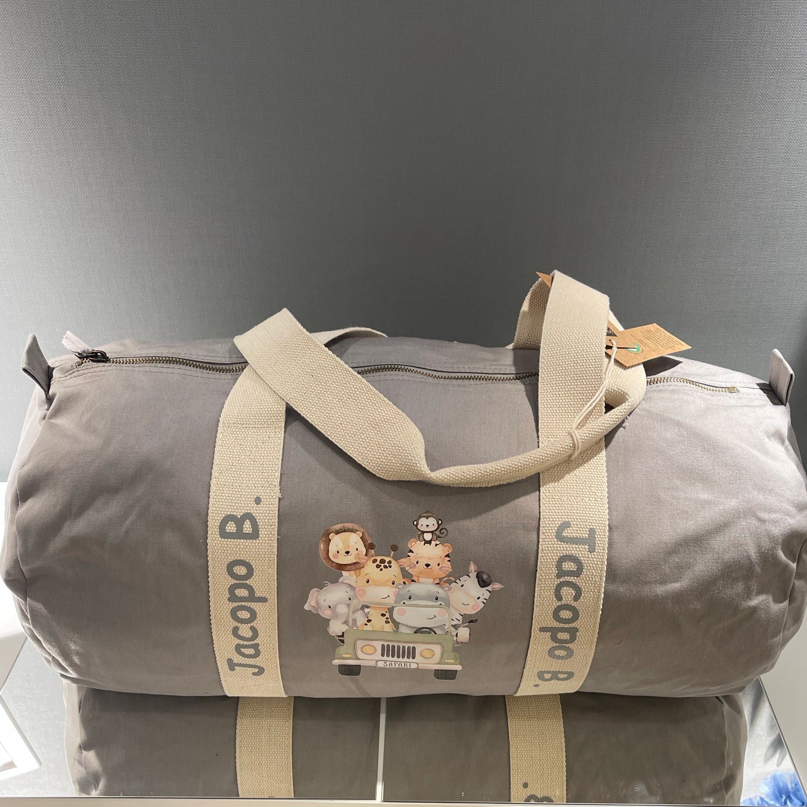Set Borsone Baby e 2 beauty case in cotone canvas stampa Safari personalizzati con nome - Be Brave Boutique
