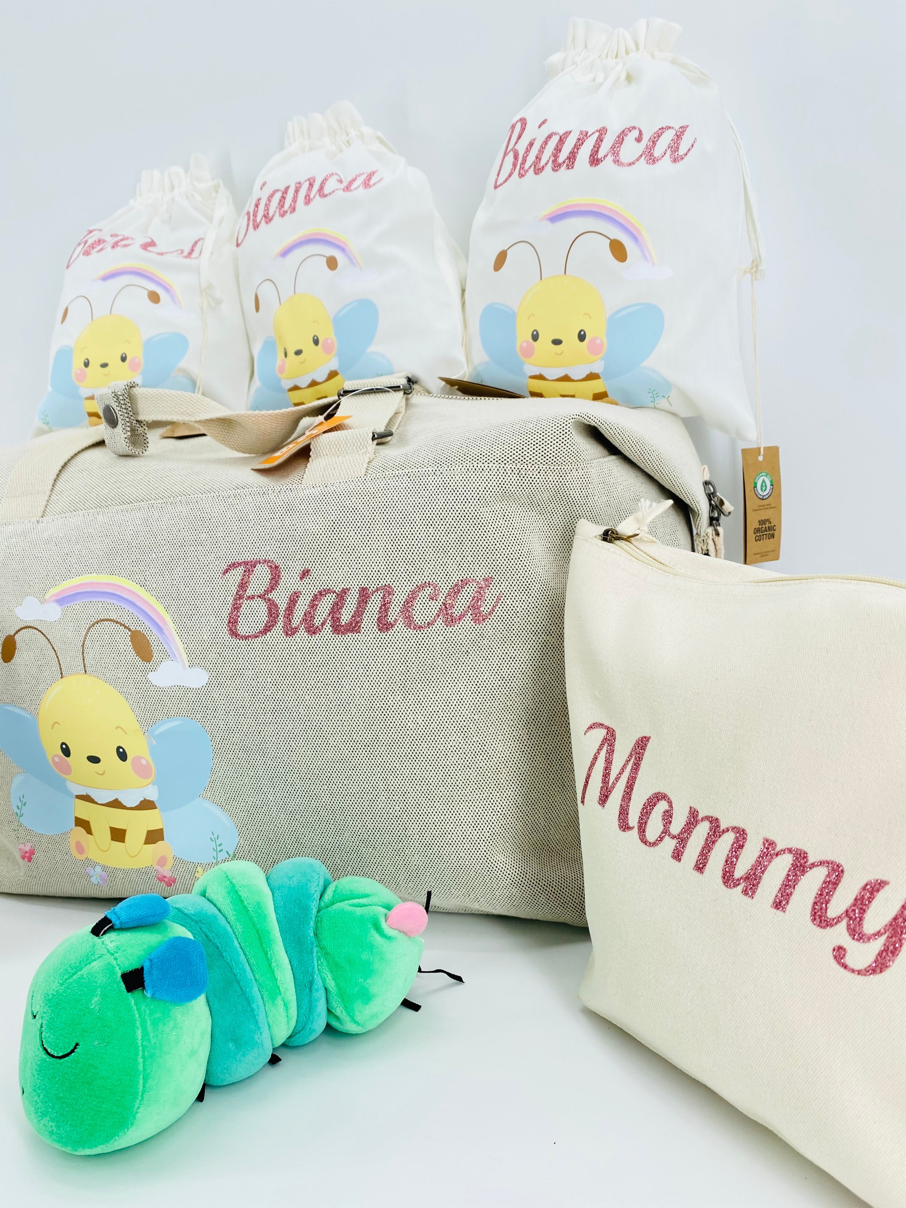 Borsone ape, 2 pochette MEDIE O LARGE  e 3 sacchi in cotone organico ABBINATI E PERSONALIZZATI - Be Brave Boutique