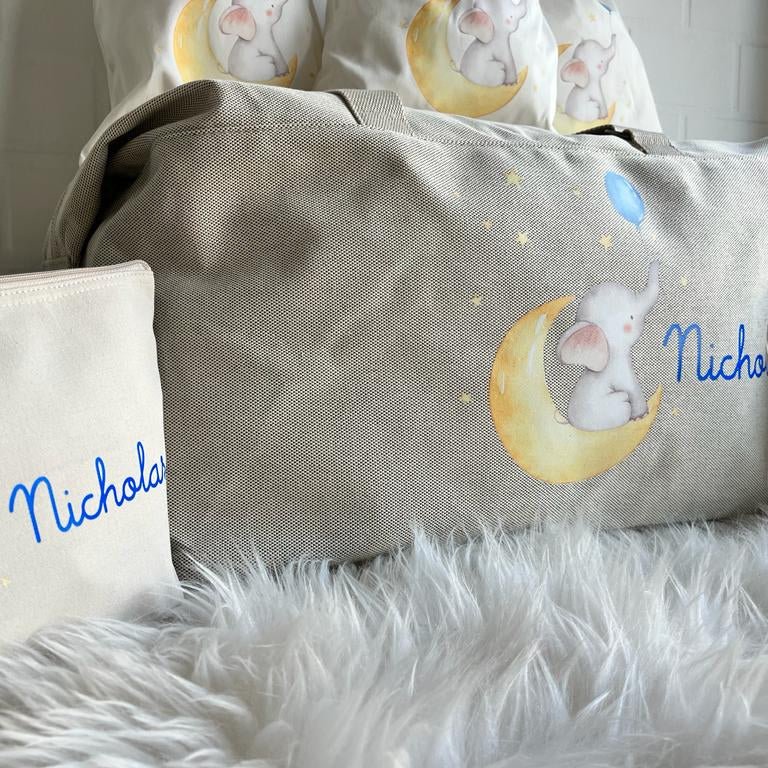 Borsone Elefantino sulla luna , 2 pochette  e 3 sacchi in cotone organico - Be Brave Boutique
