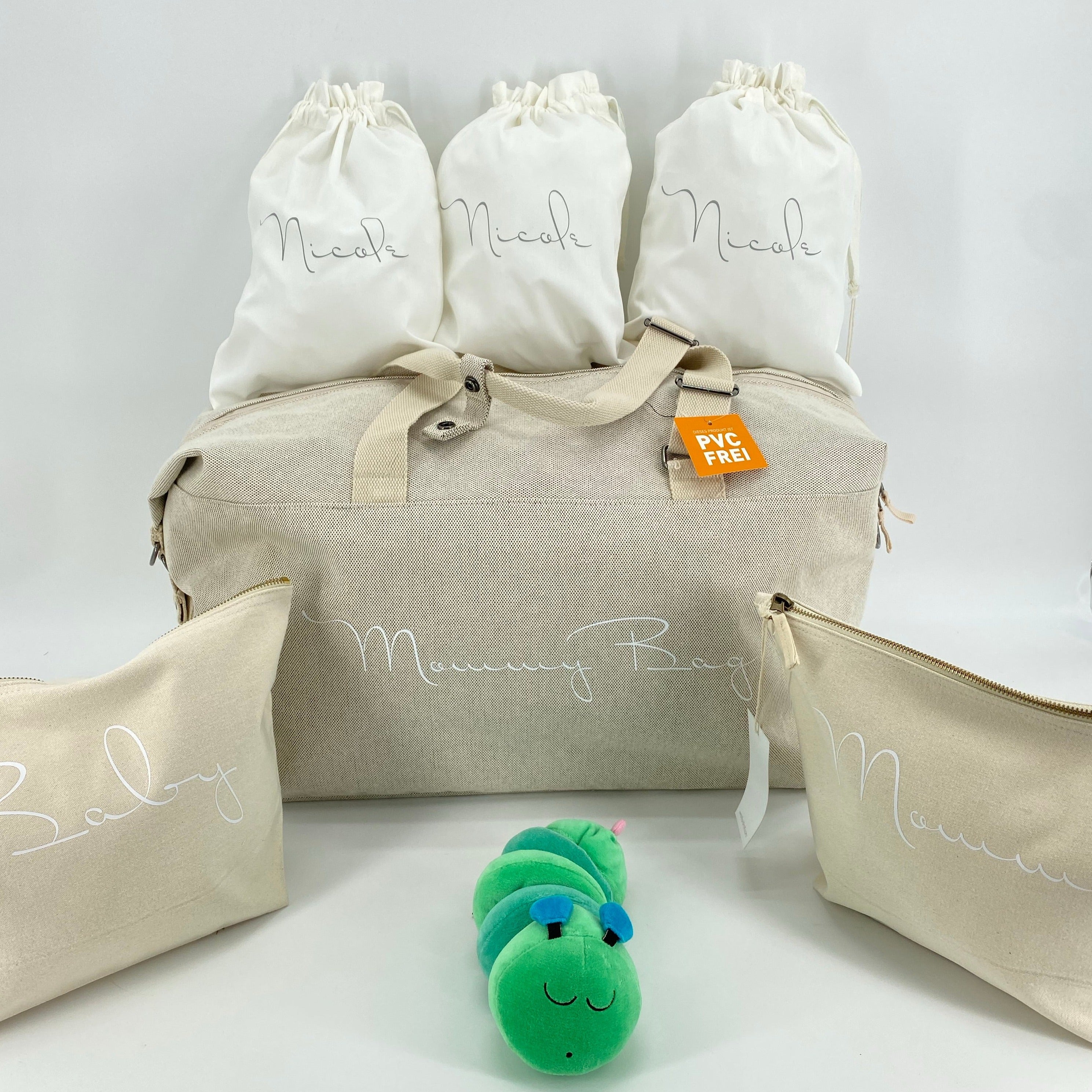 Borsone mommy bag, 2 pochette MEDIE O LARGE  e 3 sacchi in cotone organico ABBINATI E PERSONALIZZATI - Be Brave Boutique