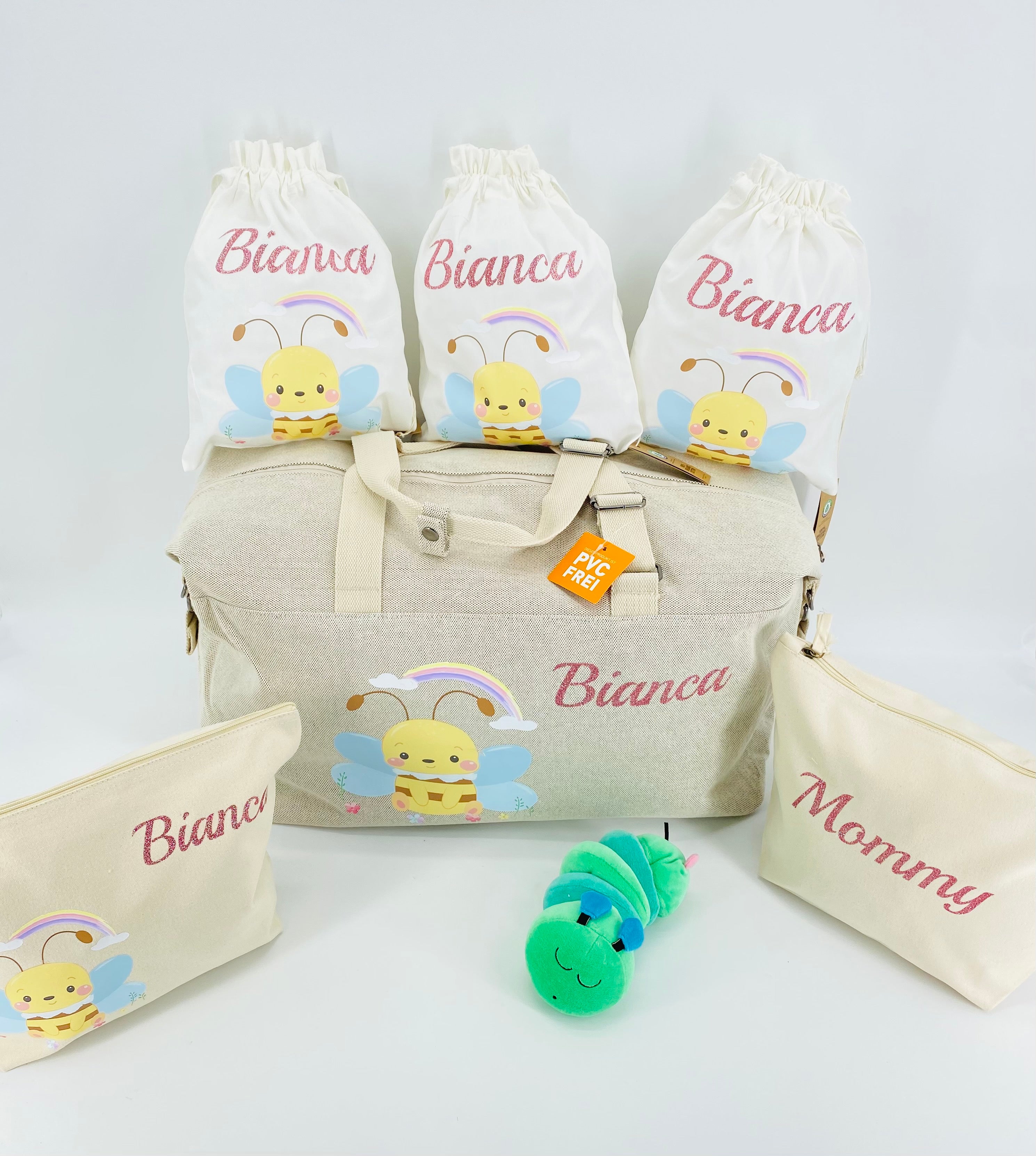 Borsone ape, 2 pochette MEDIE O LARGE  e 3 sacchi in cotone organico ABBINATI E PERSONALIZZATI - Be Brave Boutique